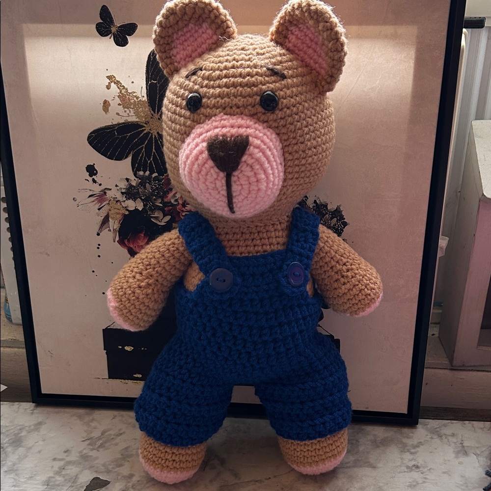 Crochet Teddy Bear with Blue Overalls - Handmade